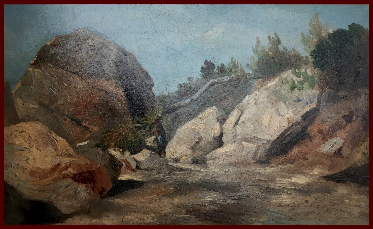 ECOLE FRANÇAISE VERS 1840 "Paysage aux rochers et personnage" Huile sur papier