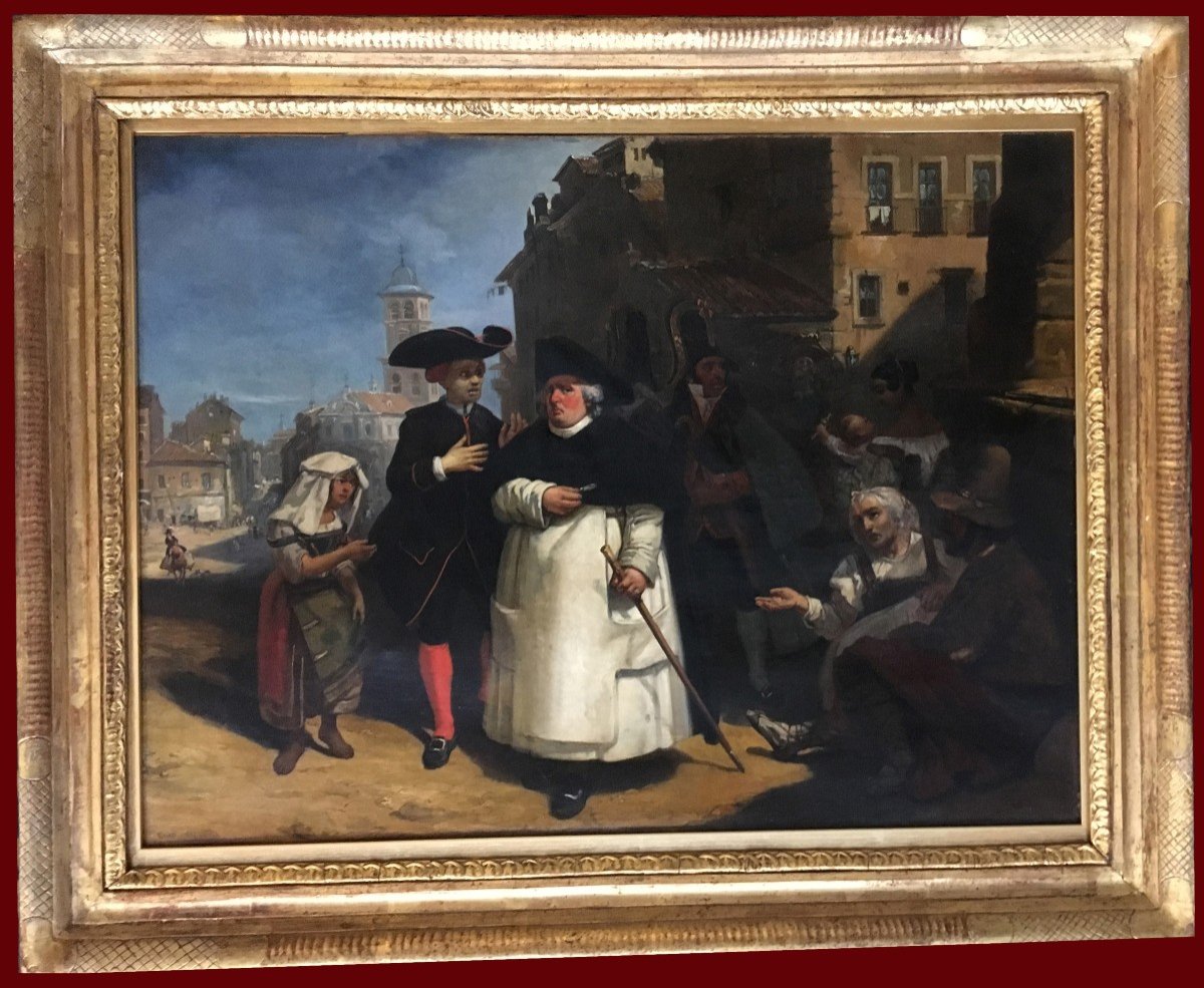 BARD Jean-Auguste (1812-1862) "Scène de rue à Naples" Huile sur toile, signé, Cadre du 19e