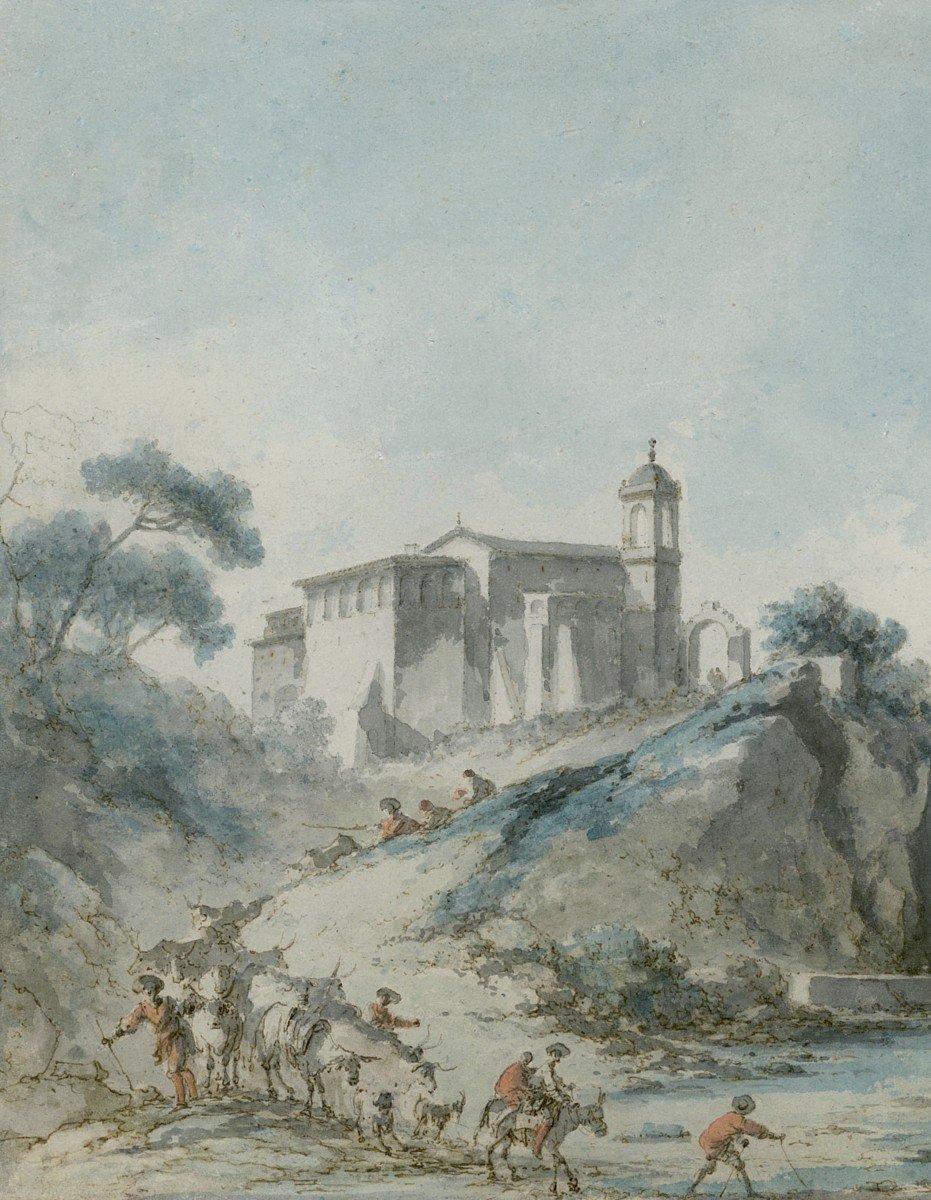 Chatelet Claude Louis (1753-1795) "landscape Of Italy" Pen And Watercolor Drawing, 19th Century Frame-photo-3