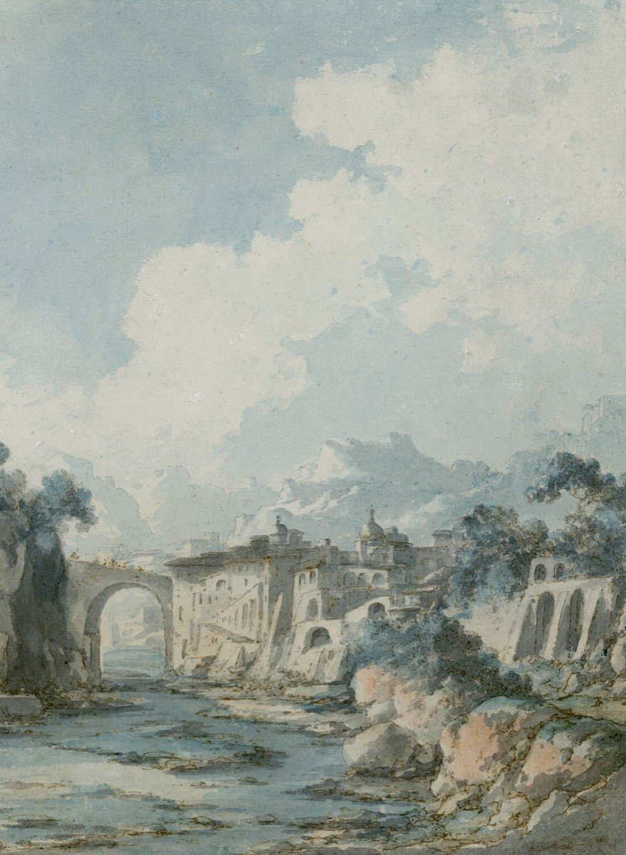 Chatelet Claude Louis (1753-1795) "landscape Of Italy" Pen And Watercolor Drawing, 19th Century Frame-photo-4