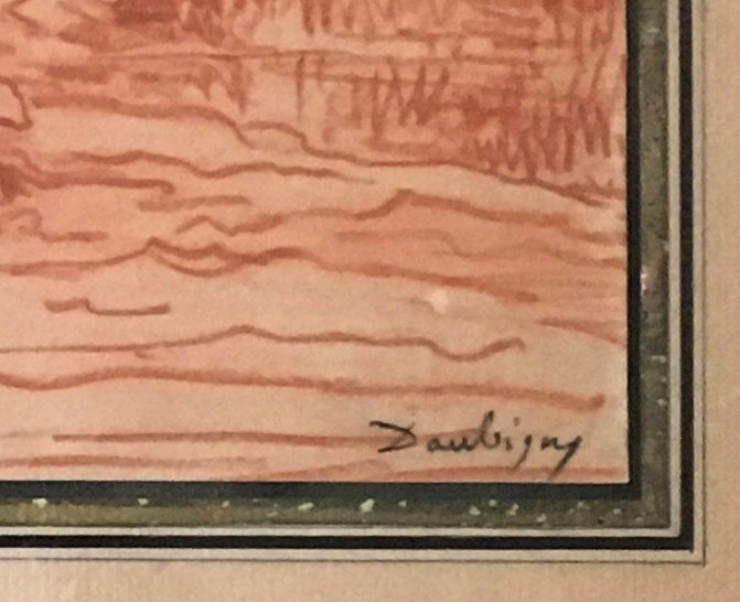 DAUBIGNY Charles François (1817-1878) "Paysage berger et moutons" Dessin/Crayon sanguine, Signé-photo-3