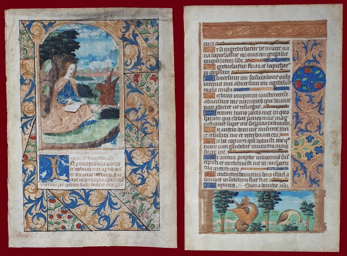 French School Circa 1550 "saint John"2 Illuminations From A Book Of Hours,gouache & Gold/vellum