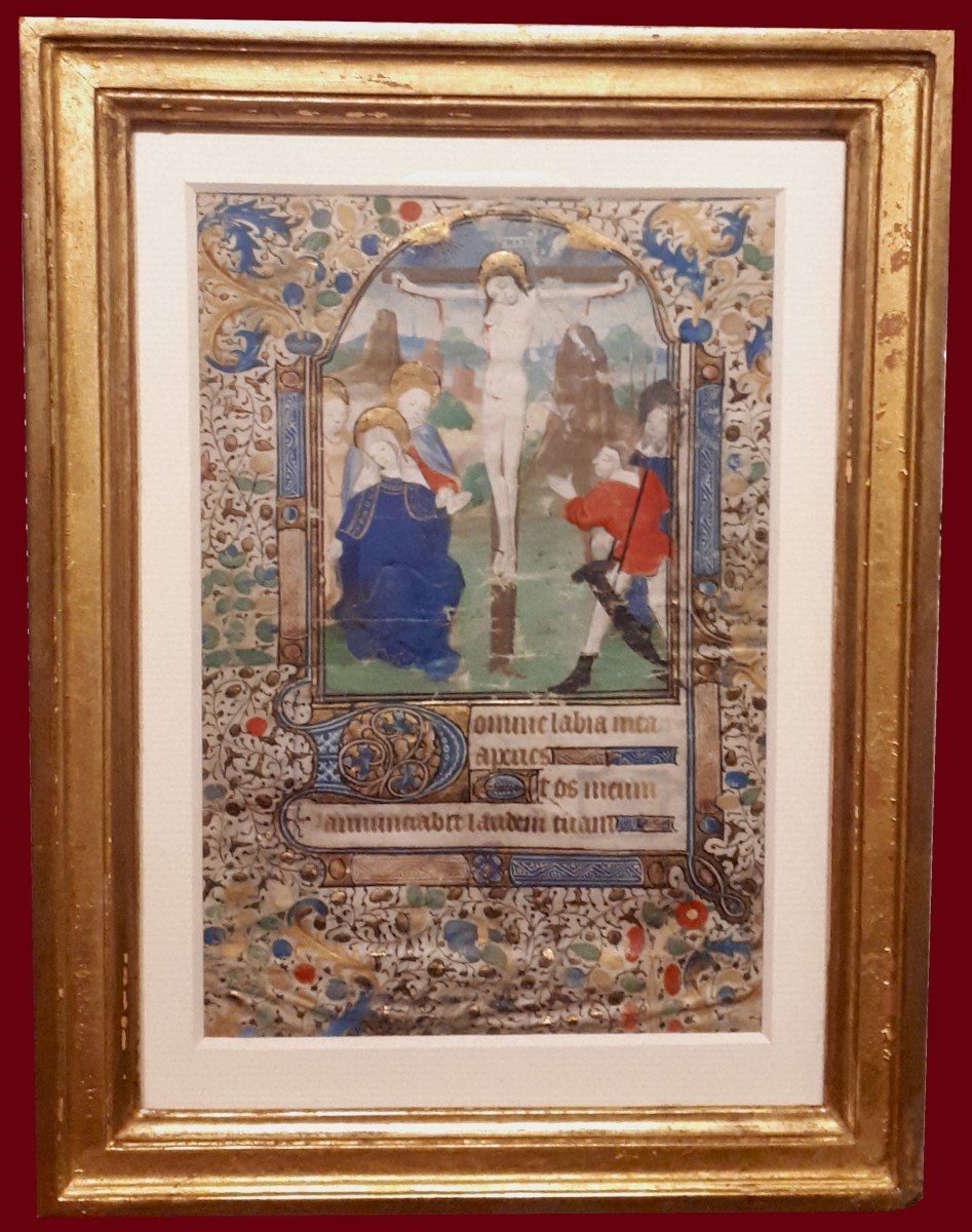 ECOLE FRANCAISE FIN 15E SIECLE "Christ en Croix" Enluminure/Livre d'heures/Gouache, doré/vélin