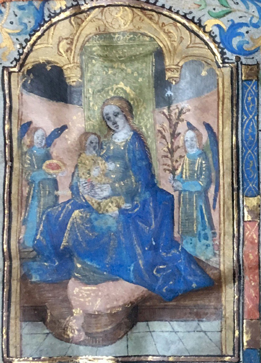 French School Late 15th Century"virgin Mary" Illumination/gouache, Gold Paint/vellum,frame 17th-photo-3