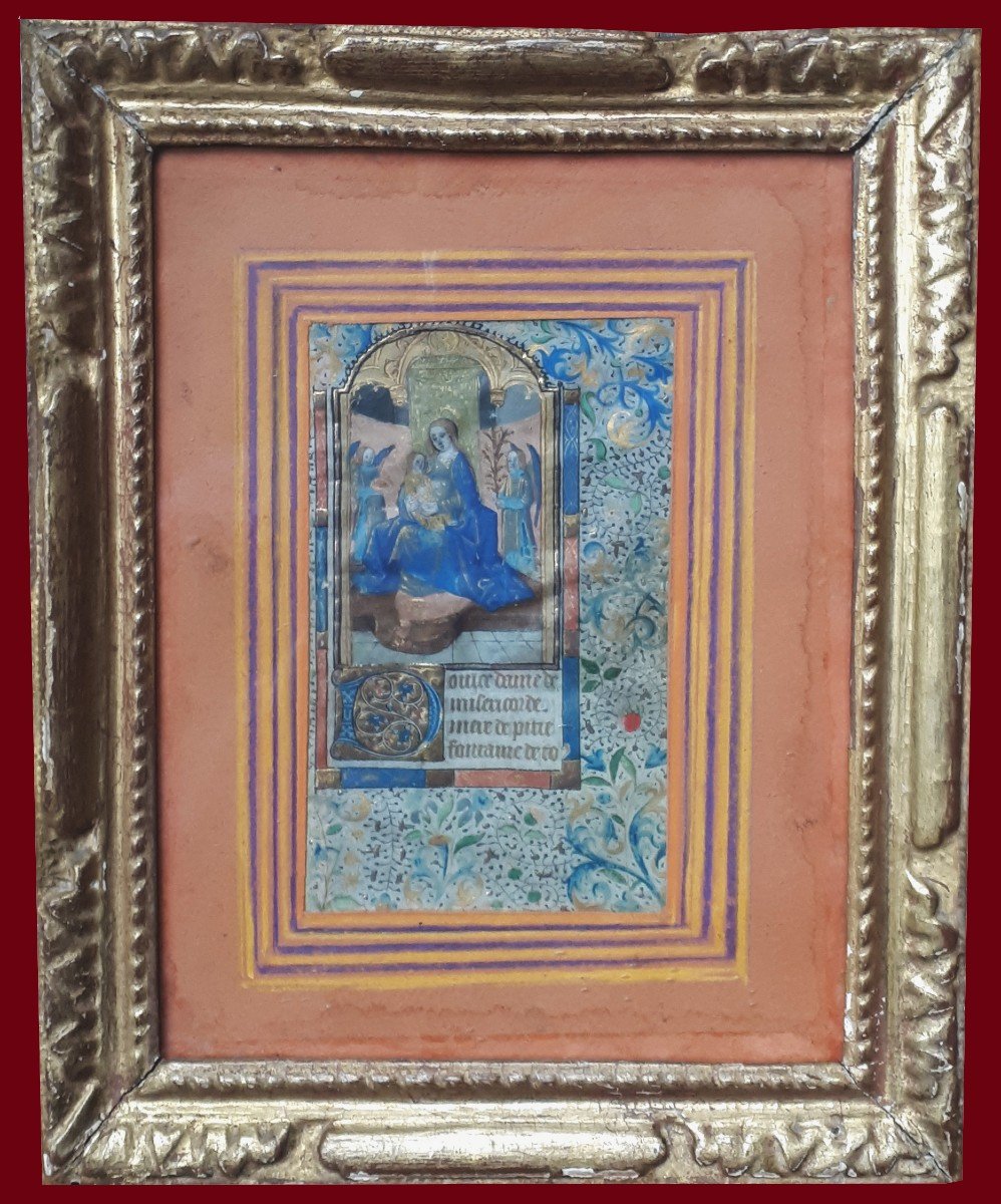 ECOLE FRANÇAISE FIN 15E "Vierge Marie" Enluminure/Gouache, peinture dorée/vélin, Cadre fin 17e