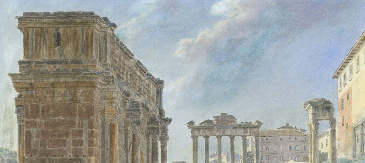 VAUZELLE Jean Lubin (1776-1837) "Ruines du Forum à Rome" Dessin/Plume, aquarelle, Signé et daté-photo-2