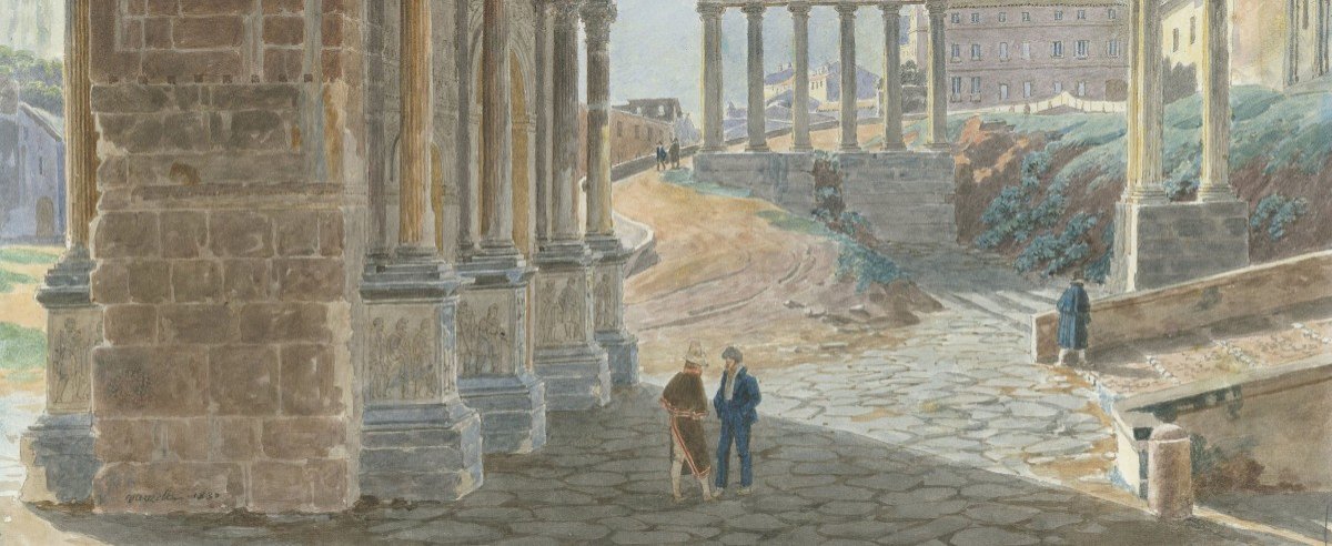 VAUZELLE Jean Lubin (1776-1837) "Ruines du Forum à Rome" Dessin/Plume, aquarelle, Signé et daté-photo-3