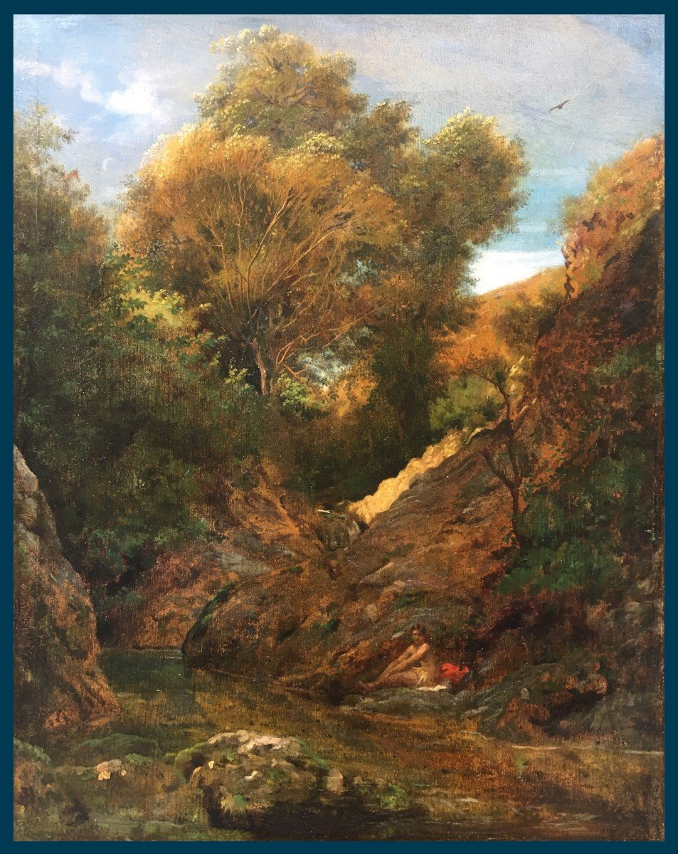FLANDRIN Paul (1811-1902)"Paysage classique" Huile/Papier contrecollé sur toile,signé,Cadre 19e