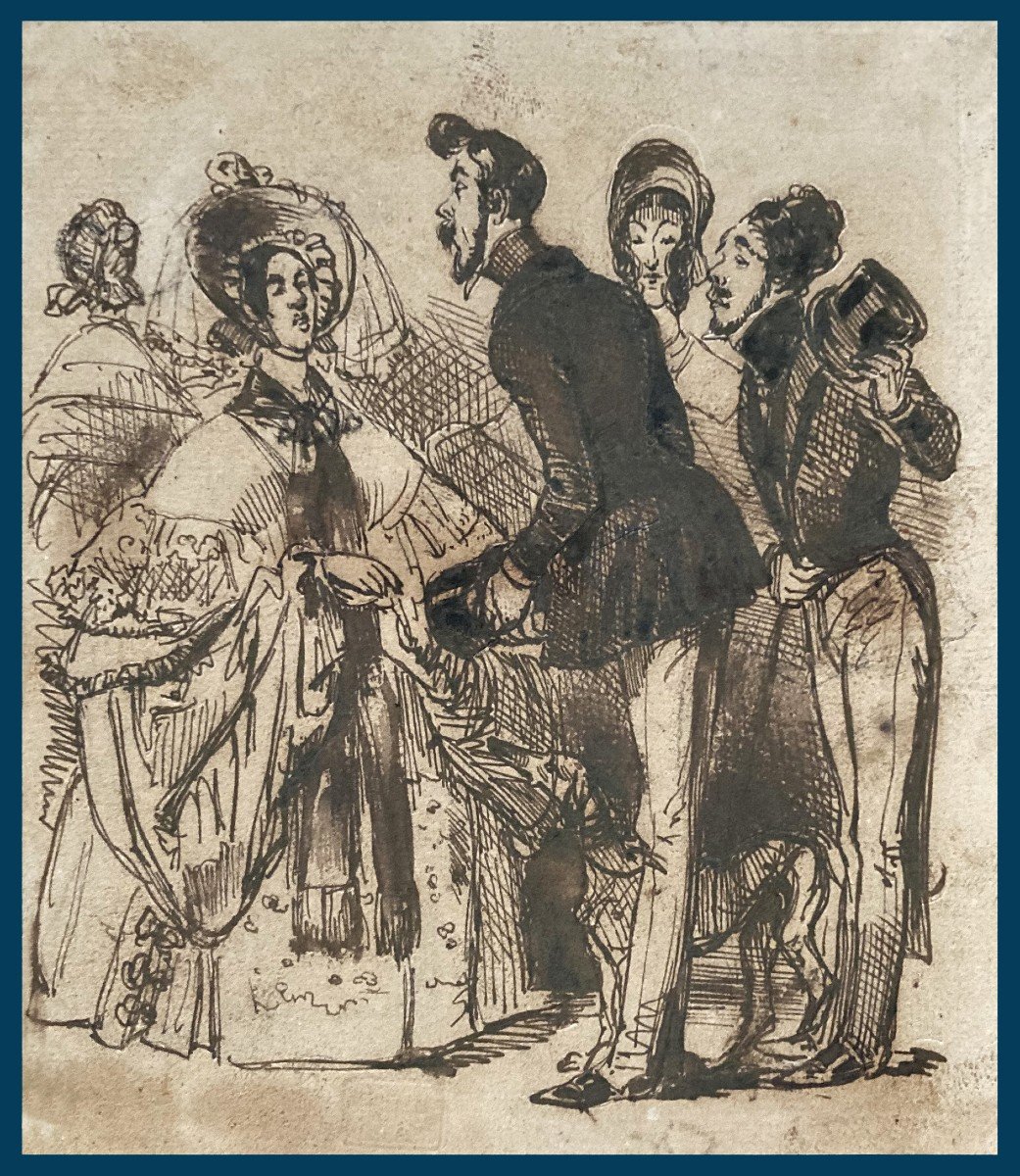 GERARD Jean Ignace Isidore (1803-1847) Dit GRANDVILLE "Personnages" Dessin/Plume, lavis, Cachet