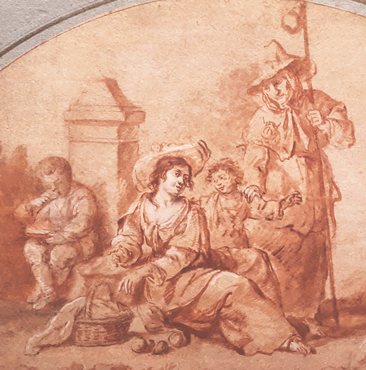 French School Late 17th Century "the Peasants" Drawing In Red Chalk Wash And Heightened With White-photo-4