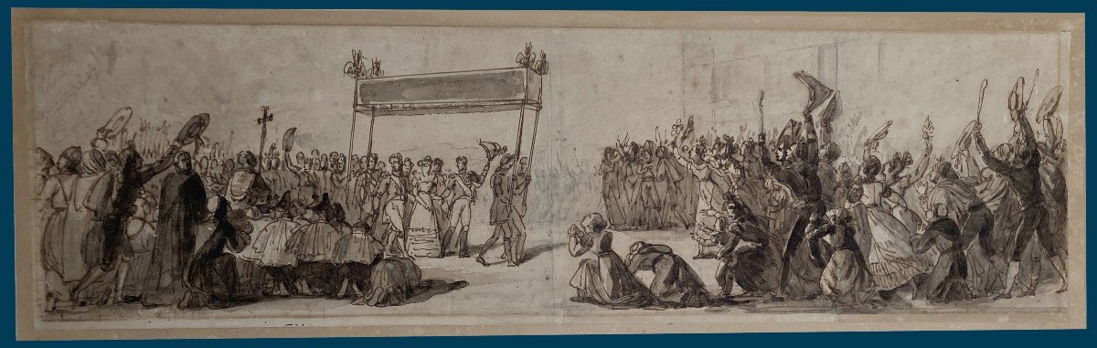 French School Early 19th Century "l'acclamation" Drawing In Pen And Brown Wash