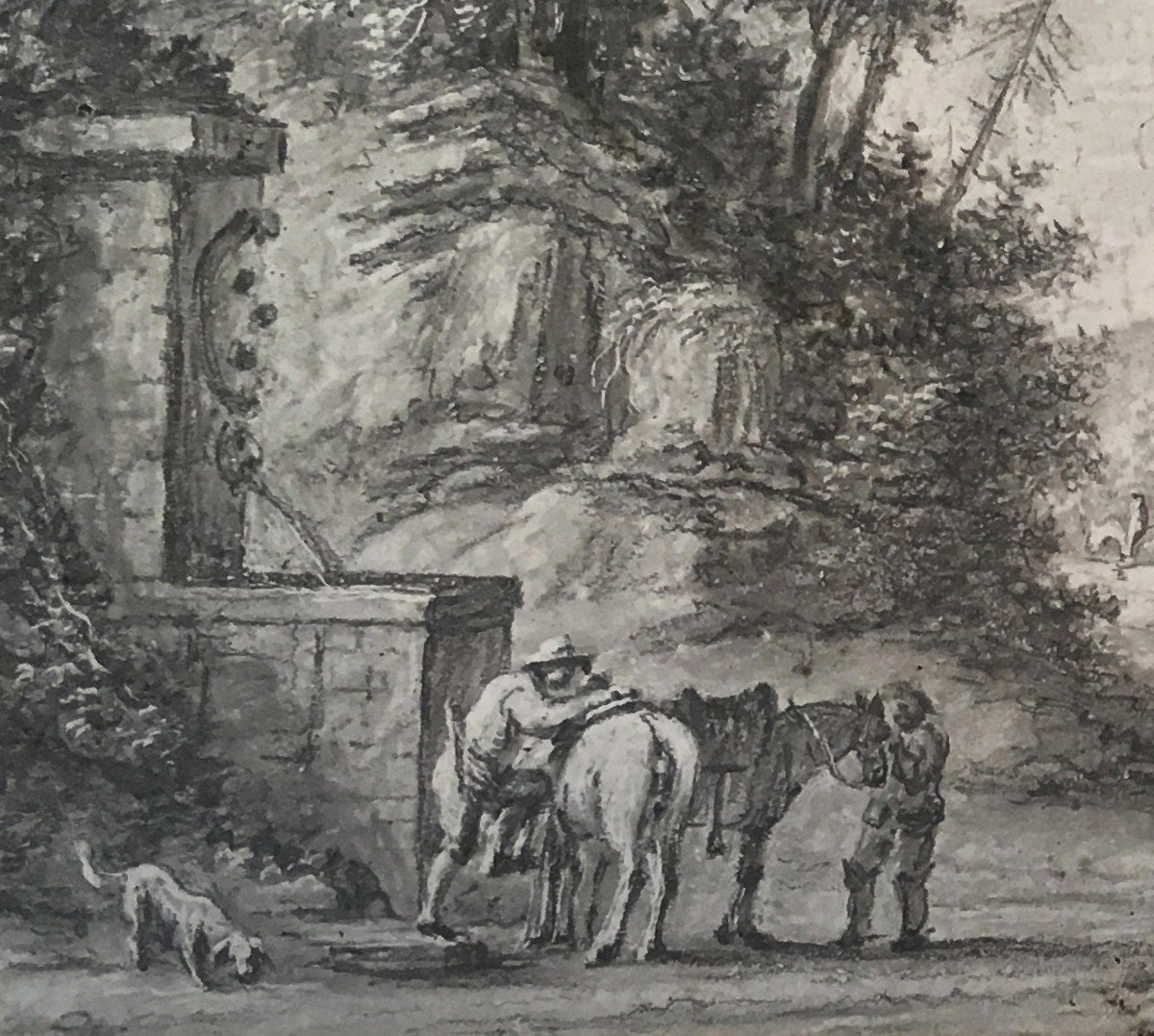 DESFRICHES Thomas Aignan (1715-1800) "Paysage et cavaliers"Dessin à la pierre noire et grattage-photo-4