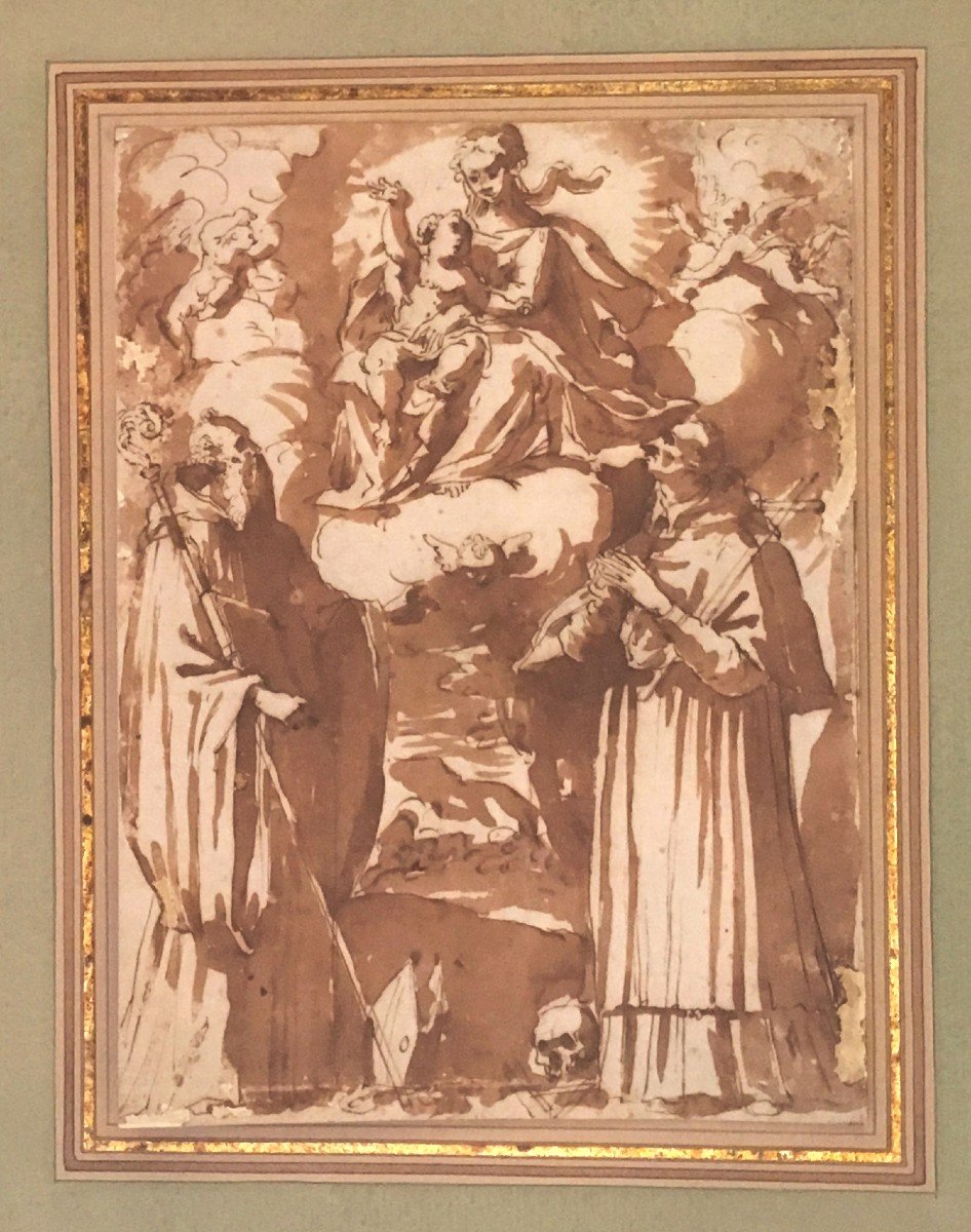 ECOLE ITALIENNE VERS 1600 "La Vierge à l'enfant entourée de Saints" Dessin/Plume et lavis brun