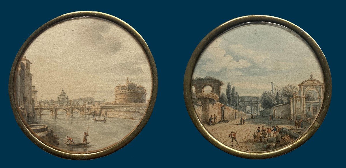 Nicolle Victor-jean (1754-1826) "landscapes Of Rome" 6 Watercolors, Frames Early 19th-photo-3