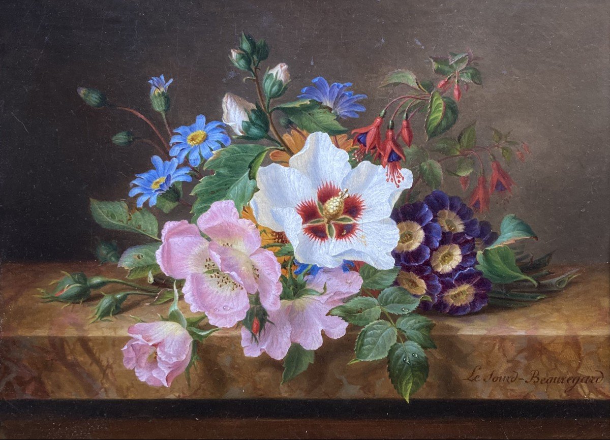 LESOURD-BEAUREGARD Ange-Louis-Guillaume (1800-1885) "Fleurs" Huile sur toile, Signé, Cadre 19e-photo-2