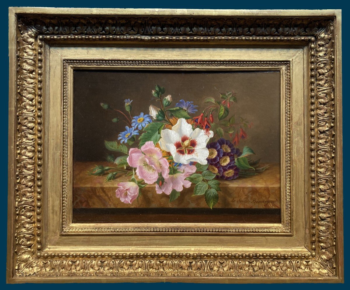 LESOURD-BEAUREGARD Ange-Louis-Guillaume (1800-1885) "Fleurs" Huile sur toile, Signé, Cadre 19e