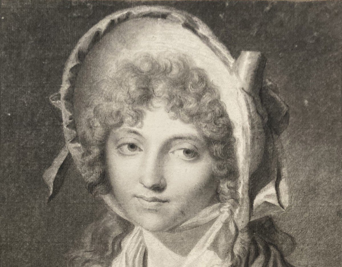 ECOLE FRANCAISE VERS 1800 "Jeune femme au chapeau" Dessin/Crayon noir, Cadre/cartouche Boilly-photo-2