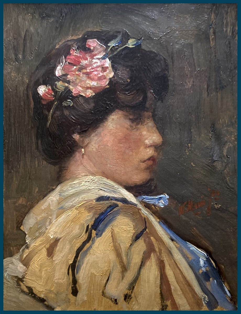 JACOBZOON Willem Maris (1872-1929) "Portrait de Femme Japonisant" Huile/toile, signé, Cadre 19e