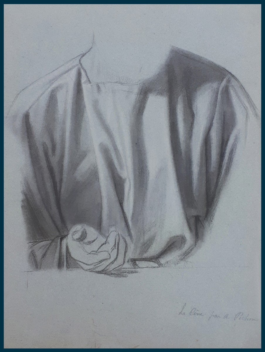 PICHON Auguste (1805-1900)élève d'INGRES"Etude draperie"Dessin/Crayon noir,craie blanche,Annoté