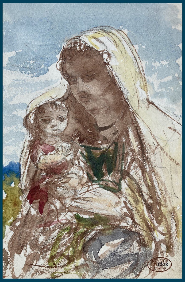 Ziem Félix (1821-1911) "mother And Her Child" Watercolor Drawing, Bears The Stamp/workshop