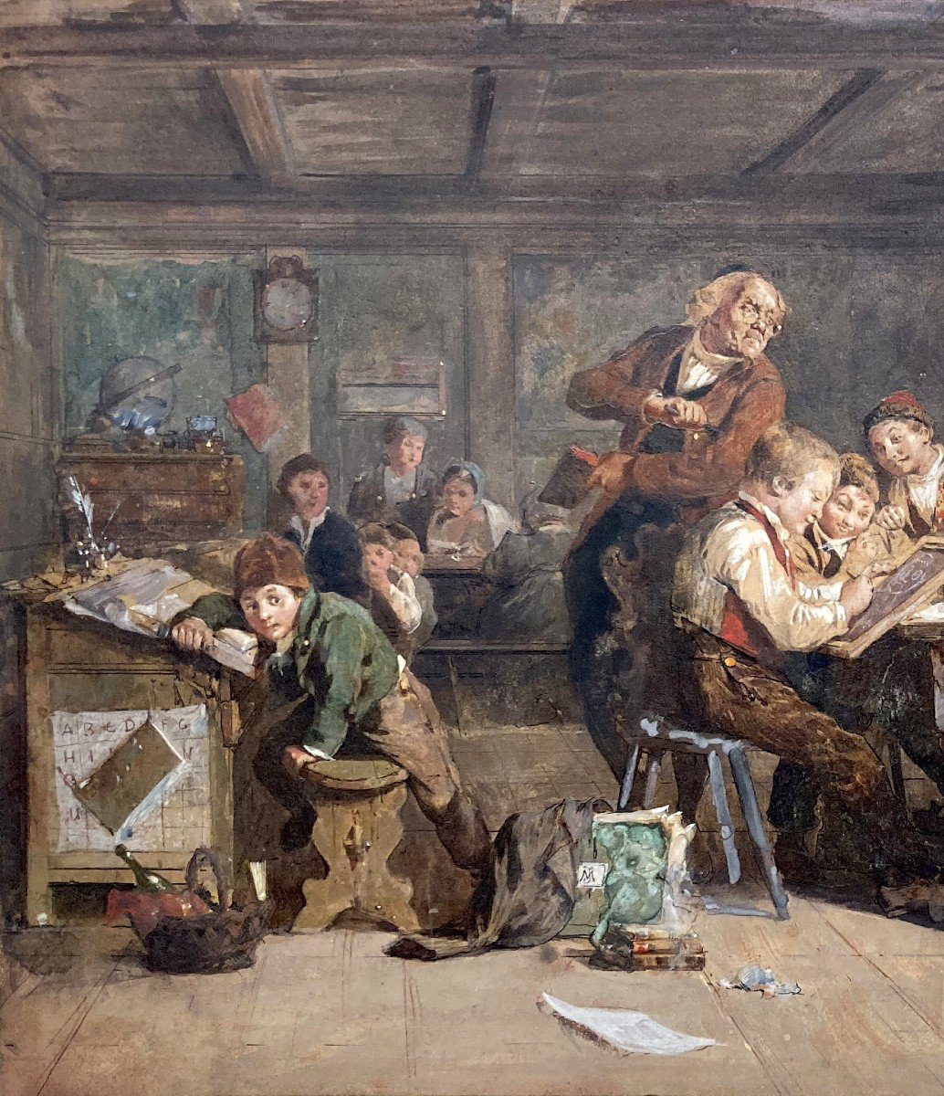 French School 19th Century "the Classroom" Drawing In Pen And Gouache, Monogrammed-photo-2