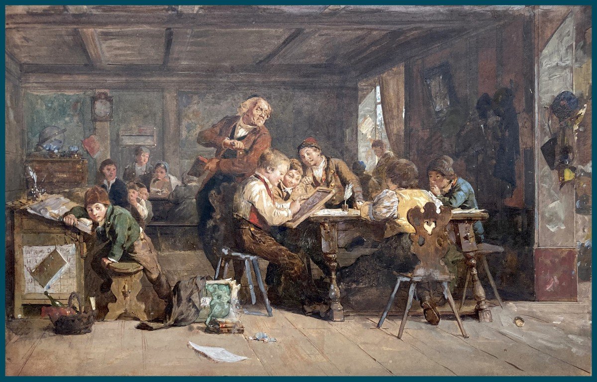 French School 19th Century "the Classroom" Drawing In Pen And Gouache, Monogrammed