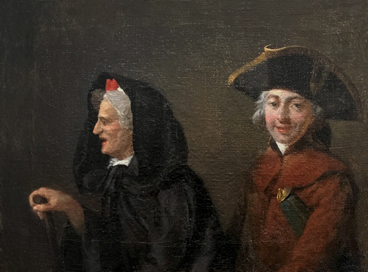 French School Late 18th Century "old Lady And Young Man" Oil On Canvas, Late 18th Century Frame-photo-2