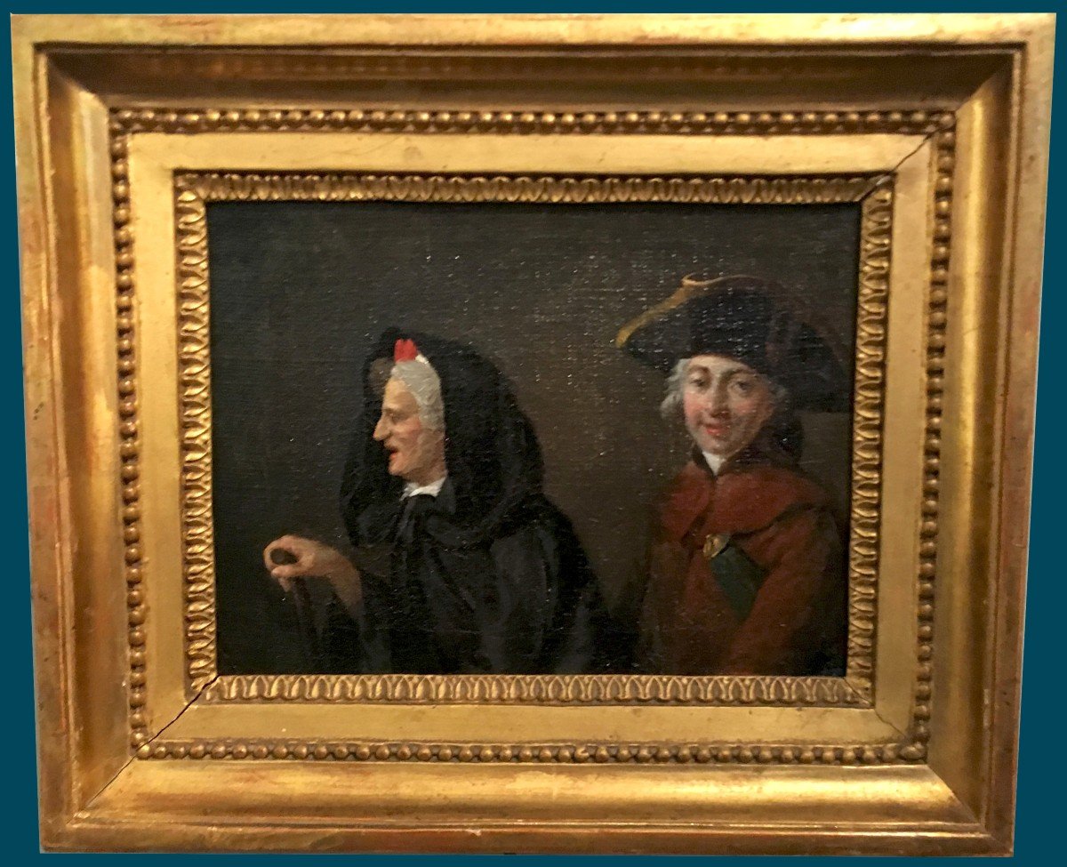 French School Late 18th Century "old Lady And Young Man" Oil On Canvas, Late 18th Century Frame