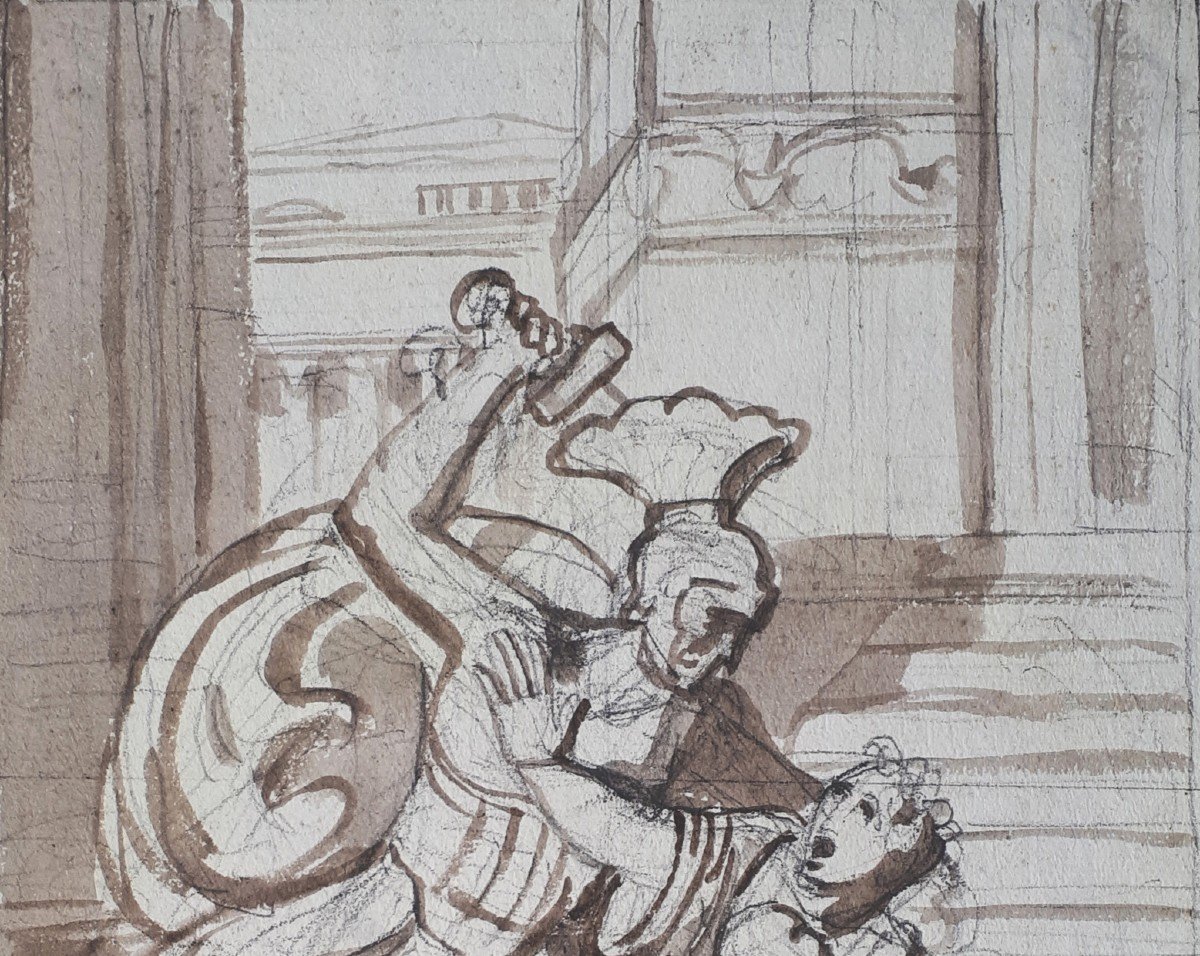 Neo-classic School Late 18th-early 19th "mythological Scene" Drawing In Black Chalk, Brown Wash-photo-2