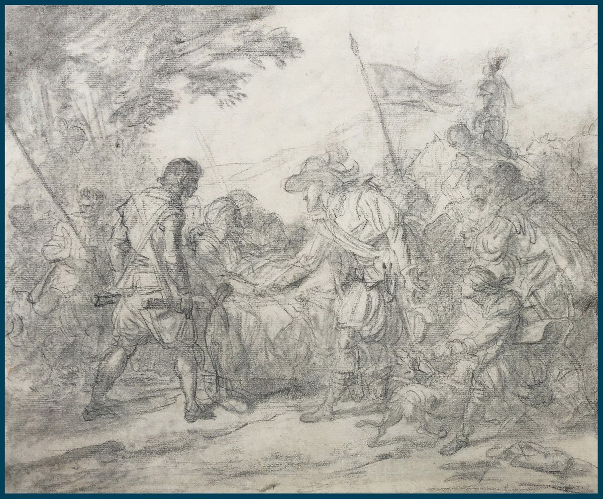 Vincent François André (1746-1816) "henri IV & Sully Wounded" Drawing In Black Chalk, 19th Century Frame-photo-2