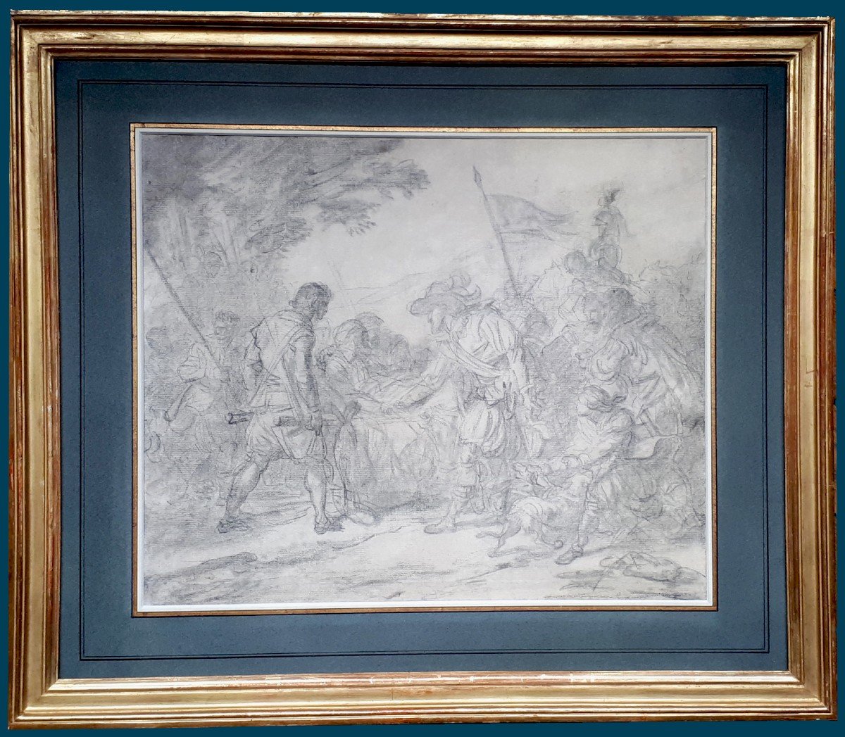 Vincent François André (1746-1816) "henri IV & Sully Wounded" Drawing In Black Chalk, 19th Century Frame