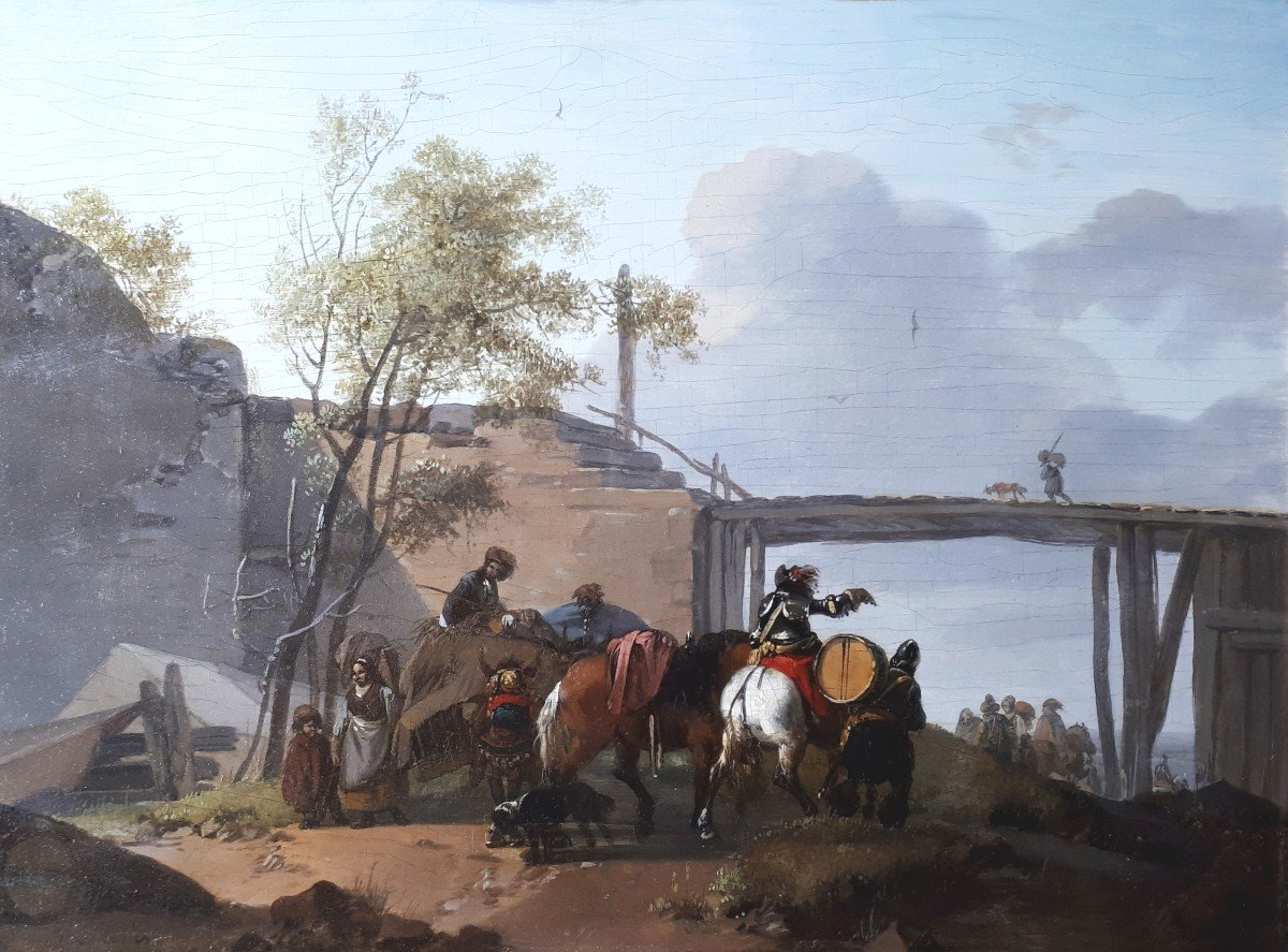 Hamon Duplessis Michel (active 18th Century) "animated Landscape With Riders" Oil/panel, Signed