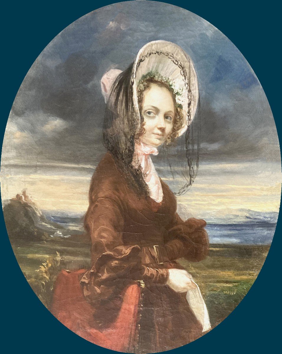 ECOLE FRANCAISE VERS 1830 "Femme au chapeau" Huile sur toile, Cadre du 19e