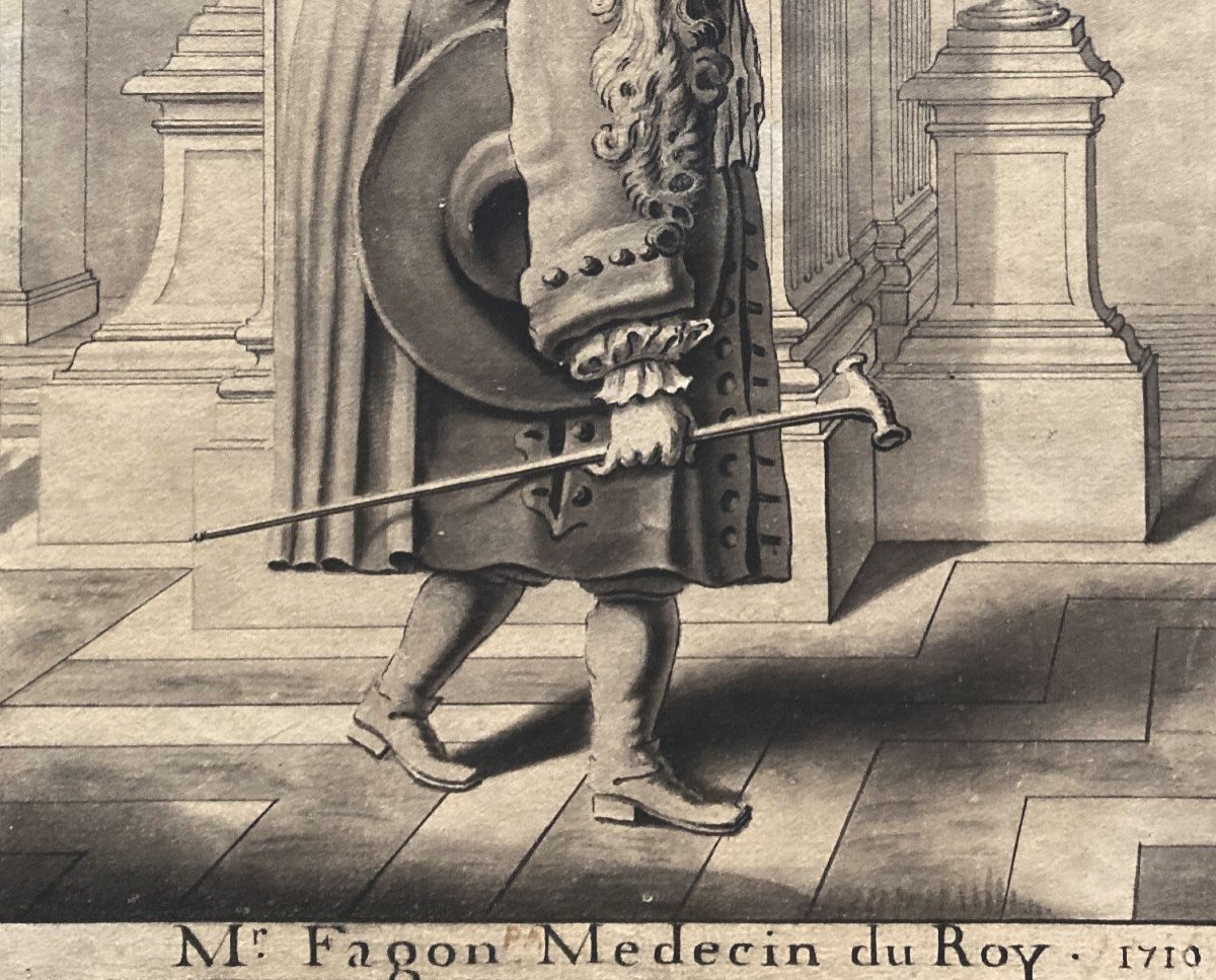ECOLE FRANCAISE 18E "Rare Portrait de Guy-Crescent FAGON/Médecin Louis XIV" Dessin/Plume,Annoté-photo-3