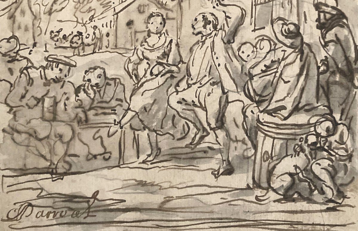 PARROCEL Charles (1688-1752) "Fête villageoise" Dessin à la plume et lavis gris, Signé-photo-3
