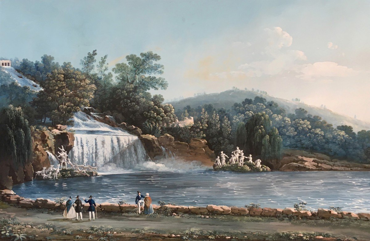 SCOPPA Giuseppe (Né 1856) 19E "La Cascade de Caserte" Dessin/Grande gouache napolitaine, Signé