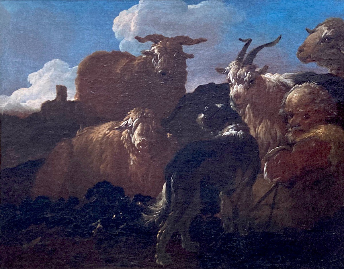 Roos Philipp Peter Dit Rosa Di Tivoli (1655-1706) "shepherd & His Flock" Oil/canvas, 19th Frame-photo-2