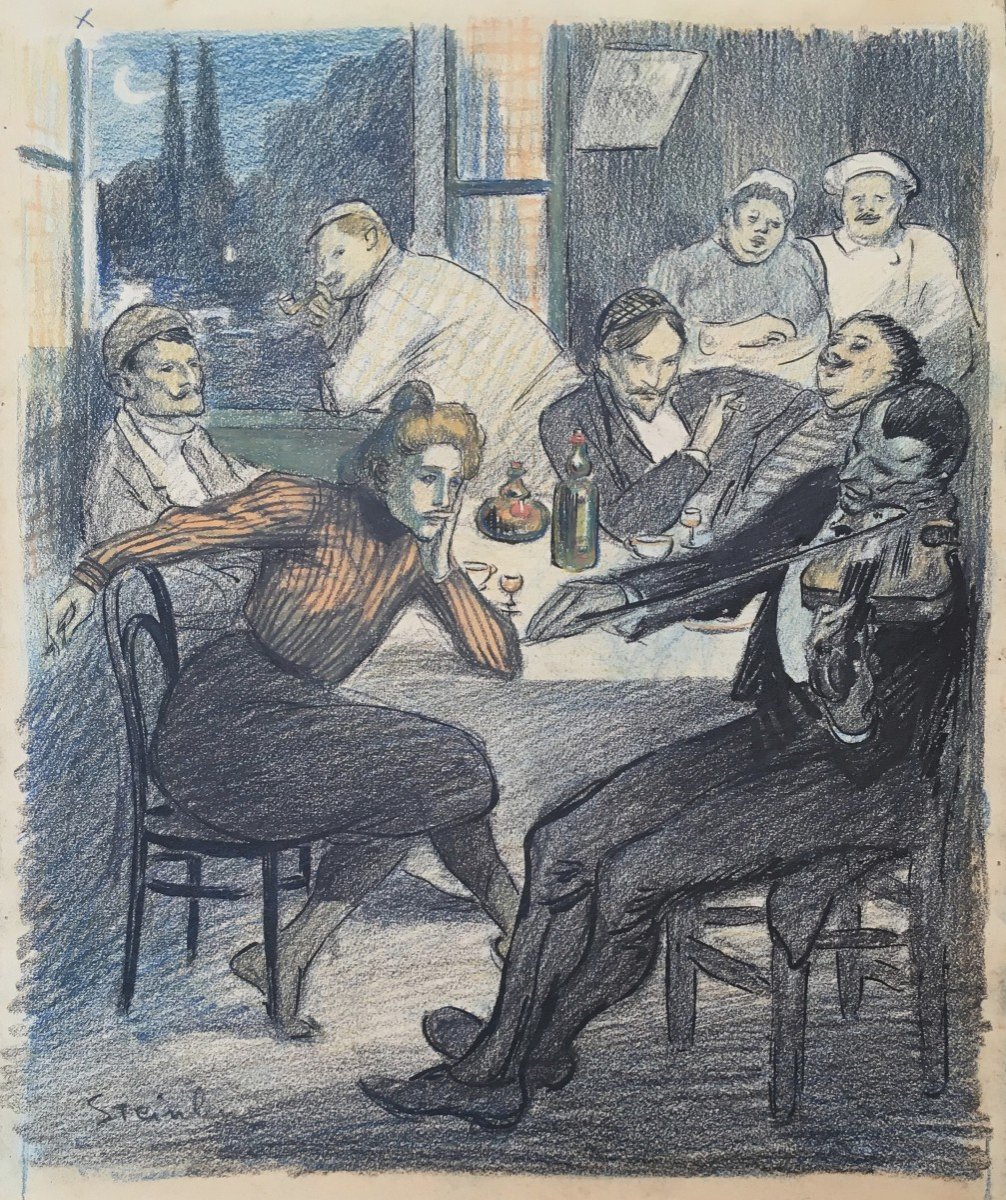 STEINLEN Théophile Alexandre (1859-1923)"Concert nocturne" Dessin/Crayons noir & couleurs,Signé-photo-4