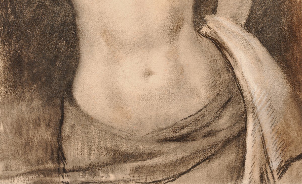 Besnard Paul Albert (1849-1934) "female Nude" Large Drawing/black Pencil, White Chalk, Signed, Dated-photo-3