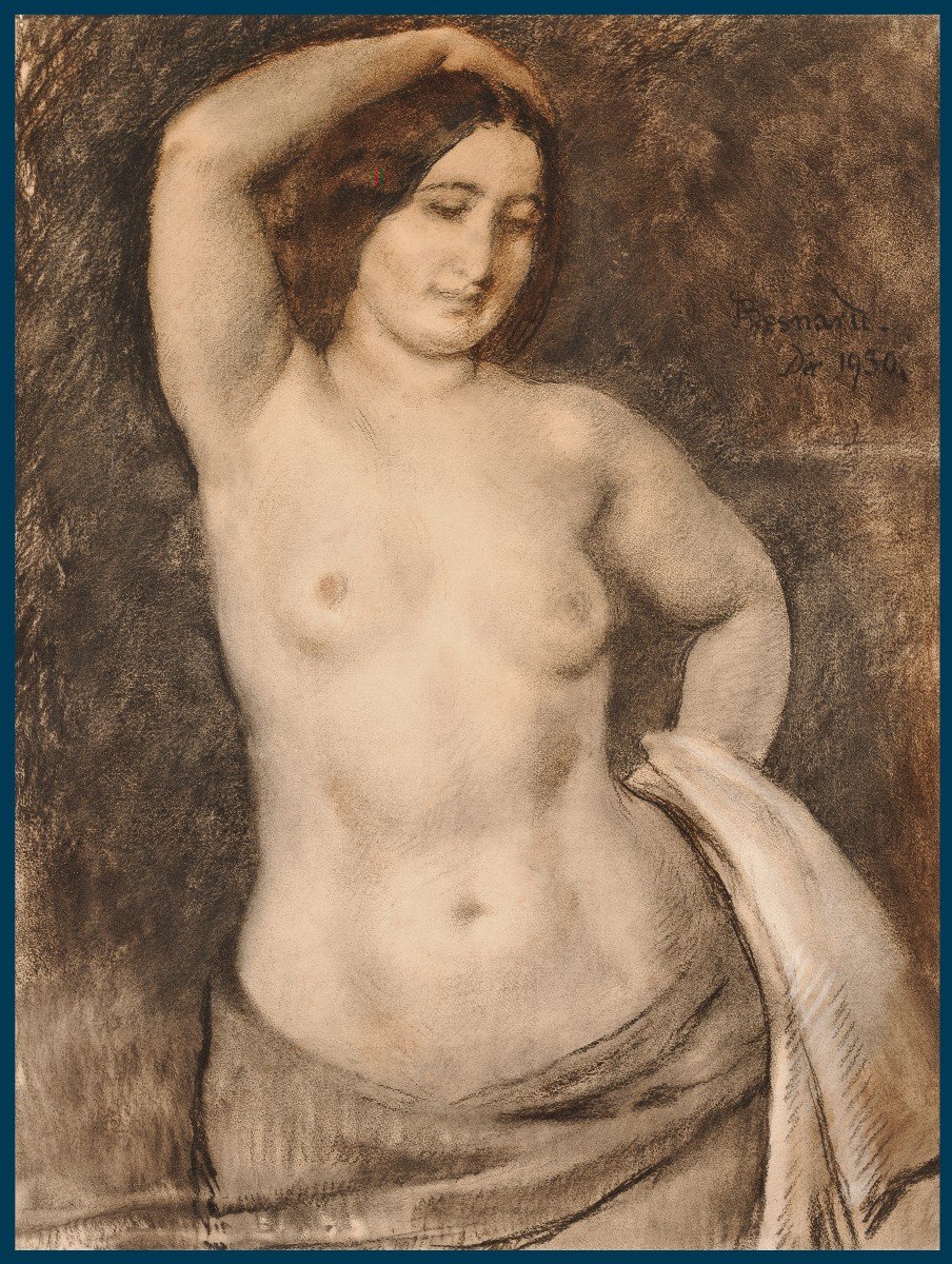 Besnard Paul Albert (1849-1934) "female Nude" Large Drawing/black Pencil, White Chalk, Signed, Dated