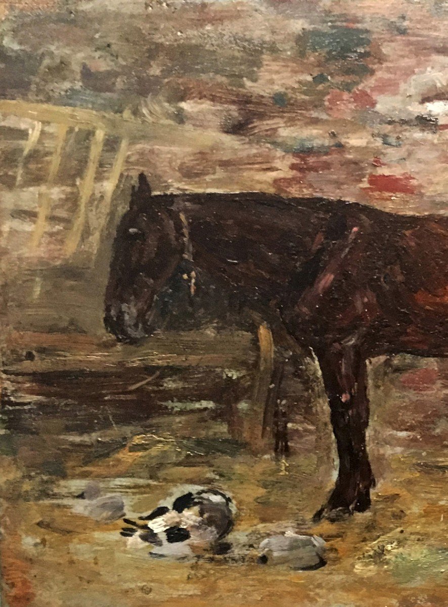 Boudin Eugène (1824-1898) "a Horse" Oil On Panel, Signed, 19th Century Frame-photo-3