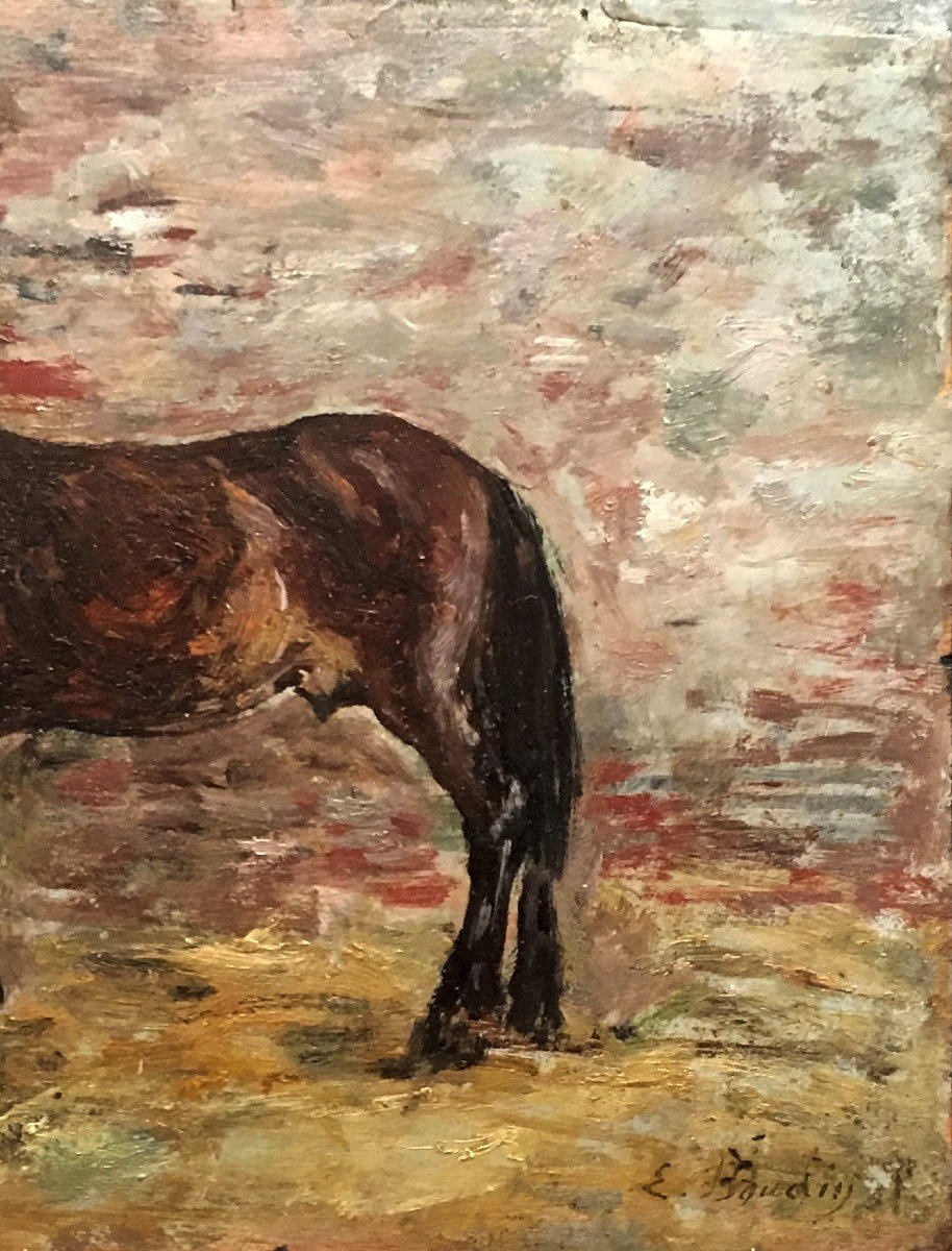 Boudin Eugène (1824-1898) "a Horse" Oil On Panel, Signed, 19th Century Frame-photo-4