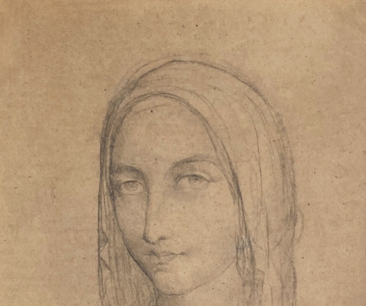 JANMOT Louis (1814-1892), Elève d'INGRES "Tête de Sainte femme" Dessin au crayon noir, Signé-photo-2