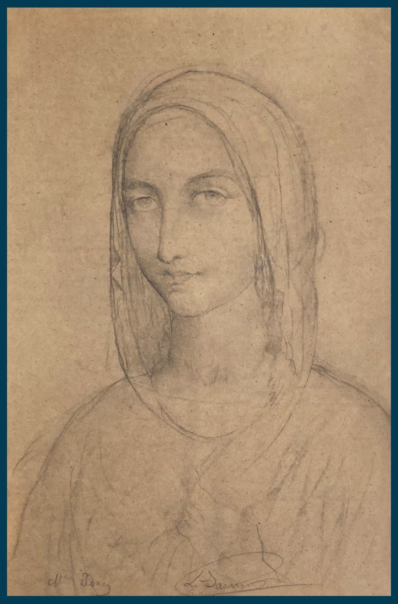 JANMOT Louis (1814-1892), Elève d'INGRES "Tête de Sainte femme" Dessin au crayon noir, Signé