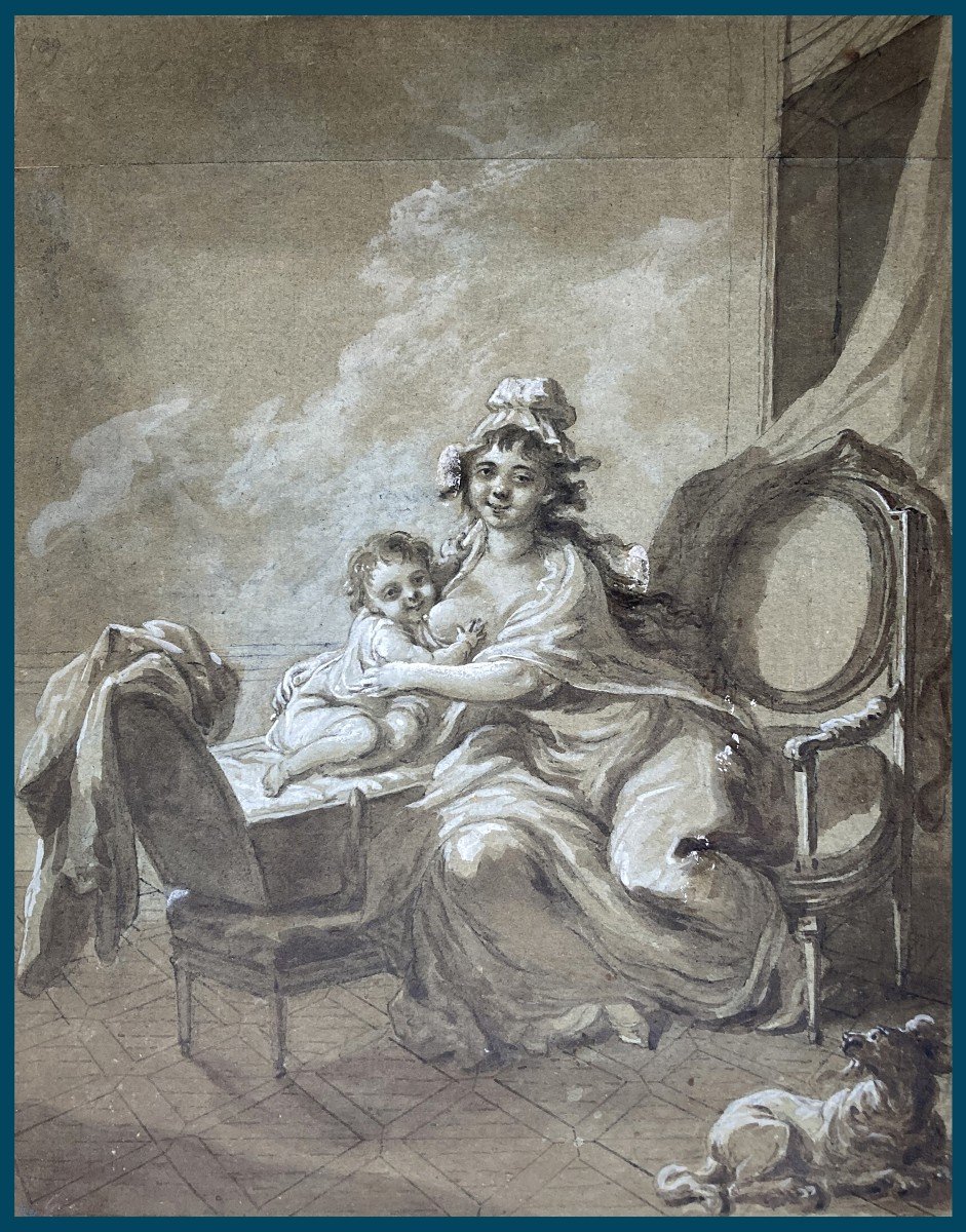 French School 18th Century "the Child At The Breast" Drawing In Gray Wash And Gouache, Provenance, Stamp