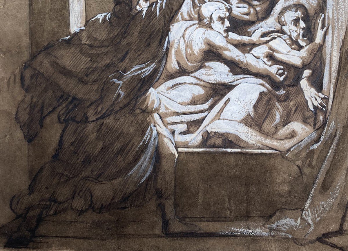 Detouche Paul Emile (1794-1874) "the Assassination" Pen Drawing, Brown Wash And White Gouache-photo-3