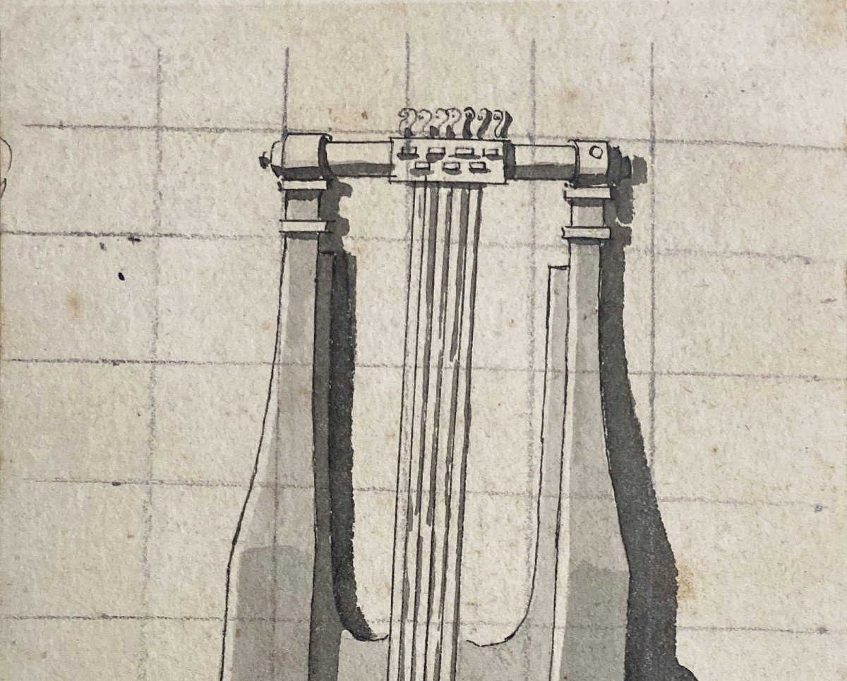 David Jacques-louis (1748-1825) "lyre Study" Drawing/black Pencil, Pen, Wash, Provenance, Frame-photo-2