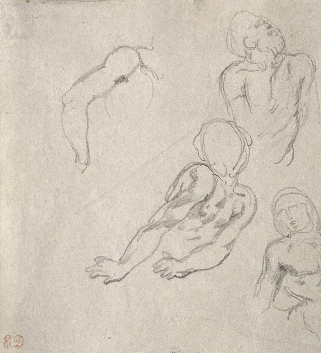 DELACROIX Eugène(1798-1863)"Etude de figures,torses & bras"Dessin/Crayon noir,Cachet,Beau cadre-photo-3