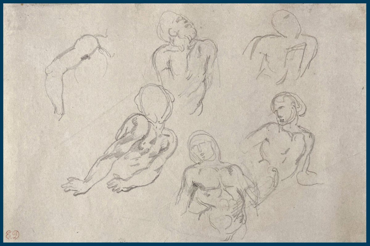 DELACROIX Eugène(1798-1863)"Etude de figures,torses & bras"Dessin/Crayon noir,Cachet,Beau cadre