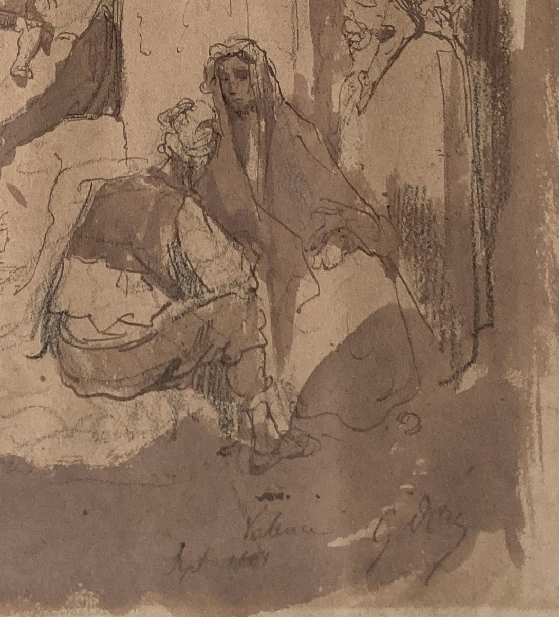 Dore Gustave (1832-1883) "animated Scene In Valencia, Spain" Drawing/pen, Brown Wash, Signed, Located-photo-4